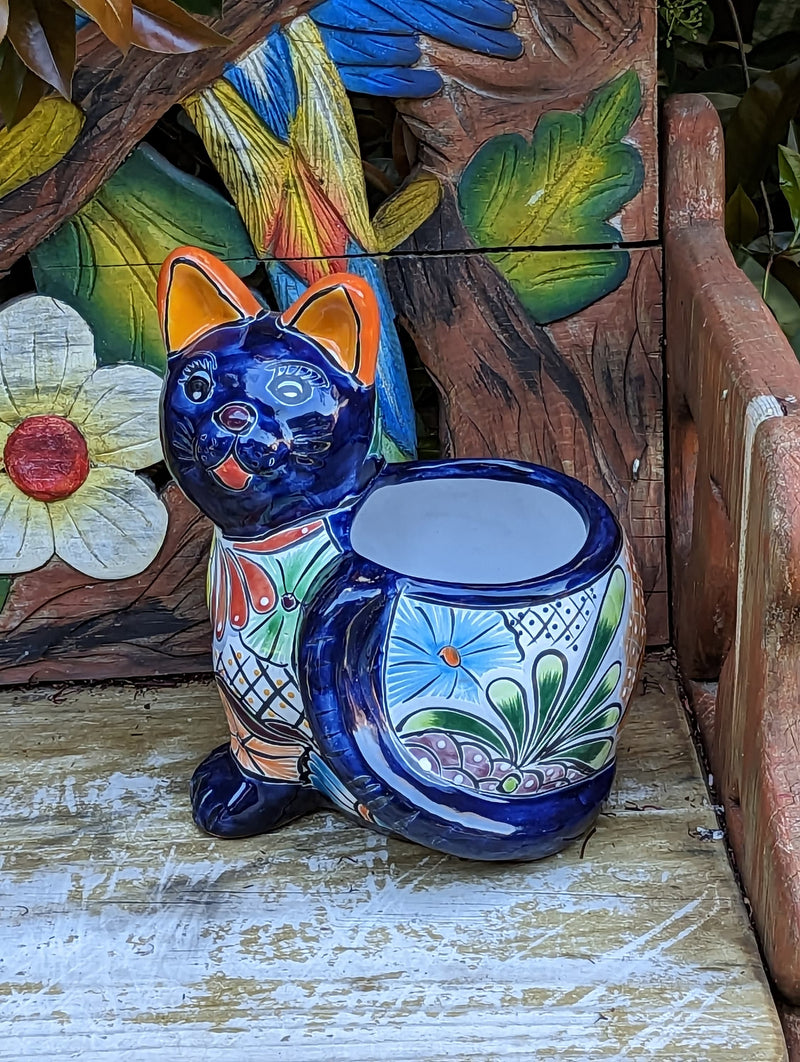 Talavera Cat Flower Pot, Ceramic Planter Home Decor, Indoor Outdoor Planter Pot, Mexican Pottery Yard & Garden Decor, Handmade