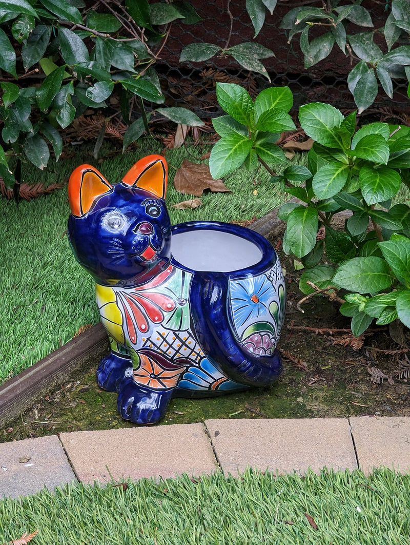 Talavera Cat Flower Pot, Ceramic Planter Home Decor, Indoor Outdoor Planter Pot, Mexican Pottery Yard & Garden Decor, Handmade