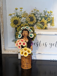 Oaxacan Woman Flower Vendor, Mexican Folk Art from Oaxaca, Clay Figurine, Handmade by Juan Jose Aguilar, Collectible Women Statuette