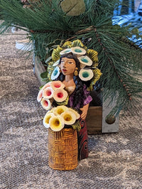 Oaxacan Woman Flower Vendor, Mexican Folk Art from Oaxaca, Clay Figurine, Handmade by Juan Jose Aguilar, Collectible Women Statuette