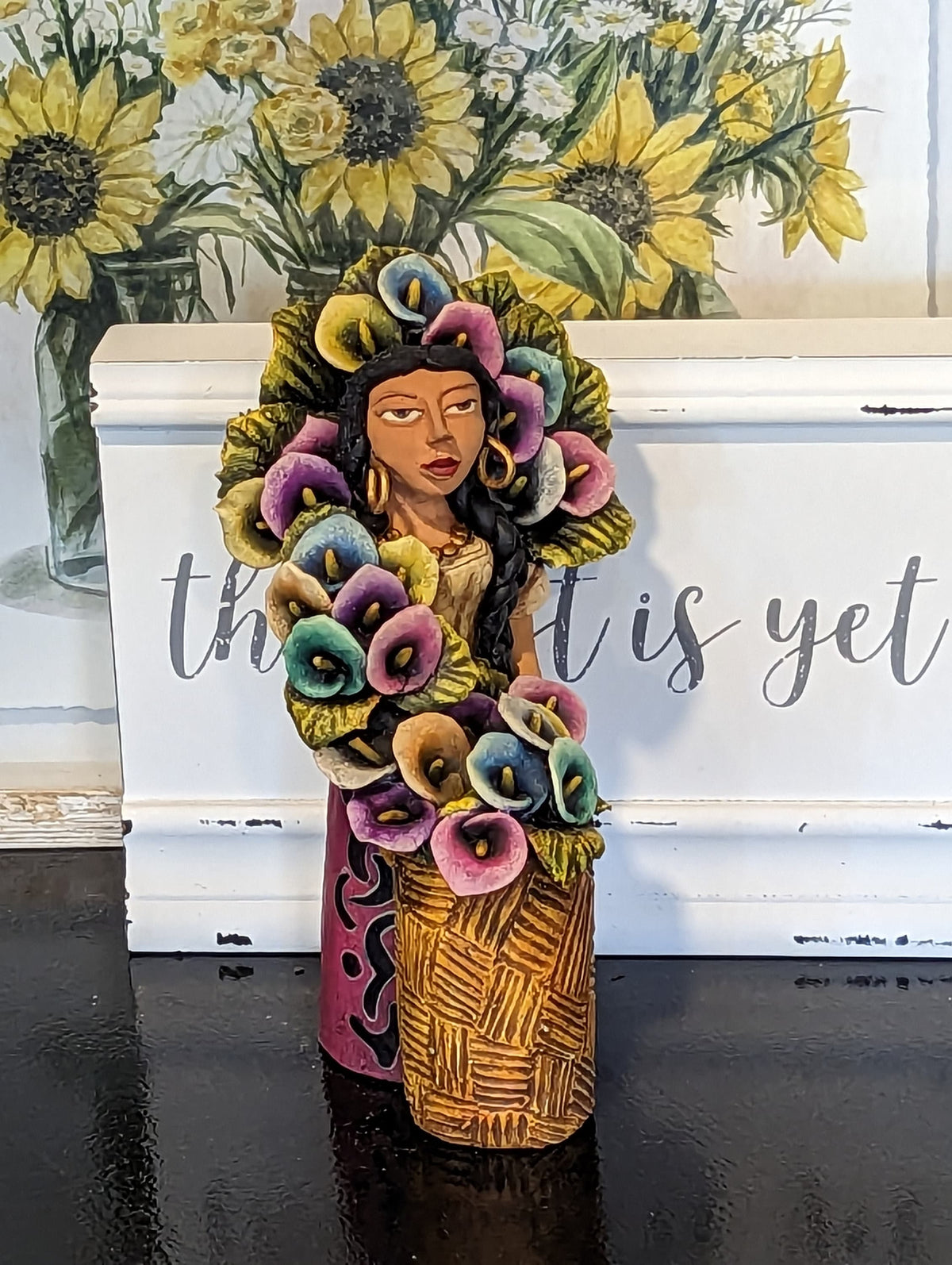 Oaxacan Woman Flower Vendor, Mexican Folk Art from Oaxaca, Clay Figurine, Handmade by Juan Jose Aguilar, Collectible Women Statuette