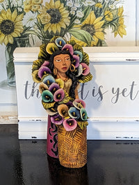 Oaxacan Woman Flower Vendor, Mexican Folk Art from Oaxaca, Clay Figurine, Handmade by Juan Jose Aguilar, Collectible Women Statuette