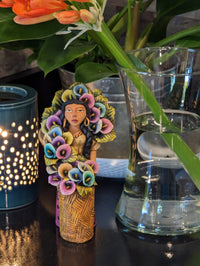 Oaxacan Woman Flower Vendor, Mexican Folk Art from Oaxaca, Clay Figurine, Handmade by Juan Jose Aguilar, Collectible Women Statuette