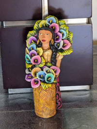 Oaxacan Woman Flower Vendor, Mexican Folk Art from Oaxaca, Clay Figurine, Handmade by Juan Jose Aguilar, Collectible Women Statuette