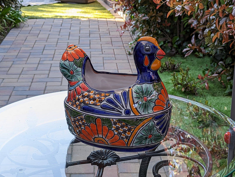 Talavera Chicken Ceramic Planter & Colorful Flower Pot, Handmade Outdoor Decor or Indoor Planter Pot, Colorful Ceramic Mexican Garden Decor