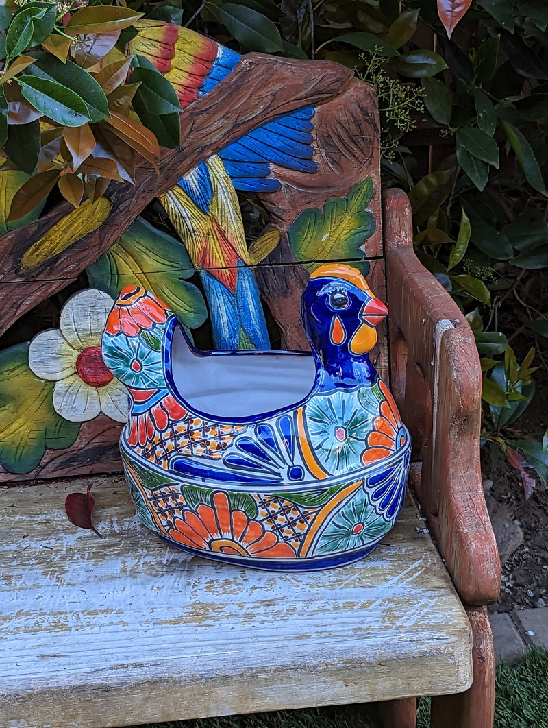 Talavera Chicken Ceramic Planter & Colorful Flower Pot, Handmade Outdoor Decor or Indoor Planter Pot, Colorful Ceramic Mexican Garden Decor