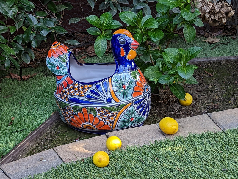 Talavera Chicken Ceramic Planter & Colorful Flower Pot, Handmade Outdoor Decor or Indoor Planter Pot, Colorful Ceramic Mexican Garden Decor