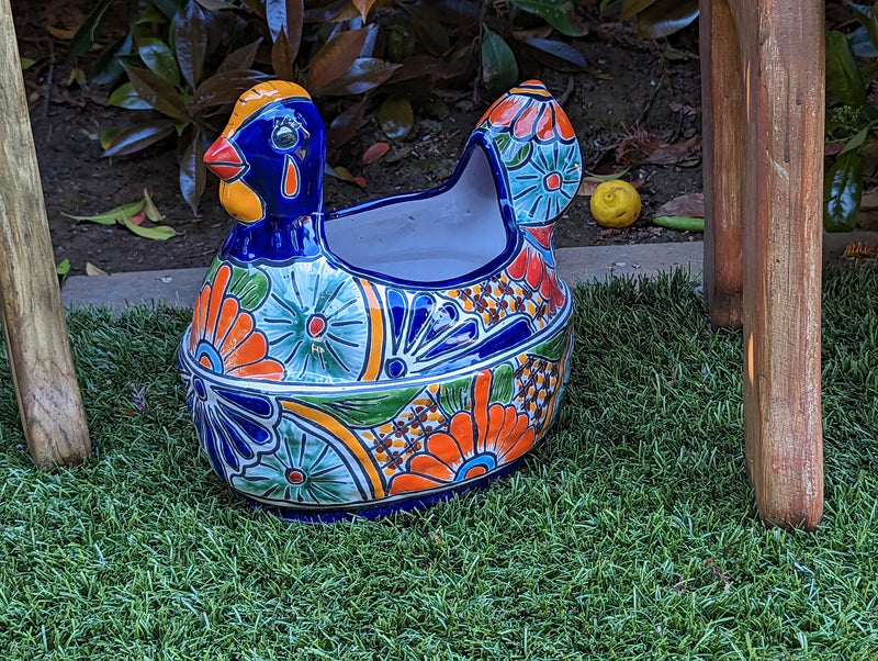 Talavera Chicken Ceramic Planter & Colorful Flower Pot, Handmade Outdoor Decor or Indoor Planter Pot, Colorful Ceramic Mexican Garden Decor