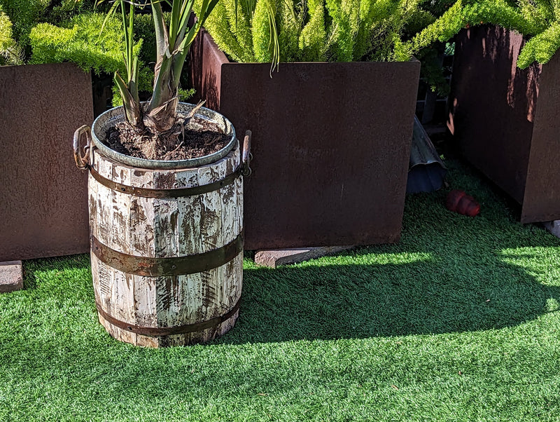 Rustic Barrel Planter, Handmade in Mexico, Wooden Outdoor Garden Decor, Porch Decor, Yard Art, 12.75" Diameter, 20lbs, Whiskey Barrel Style