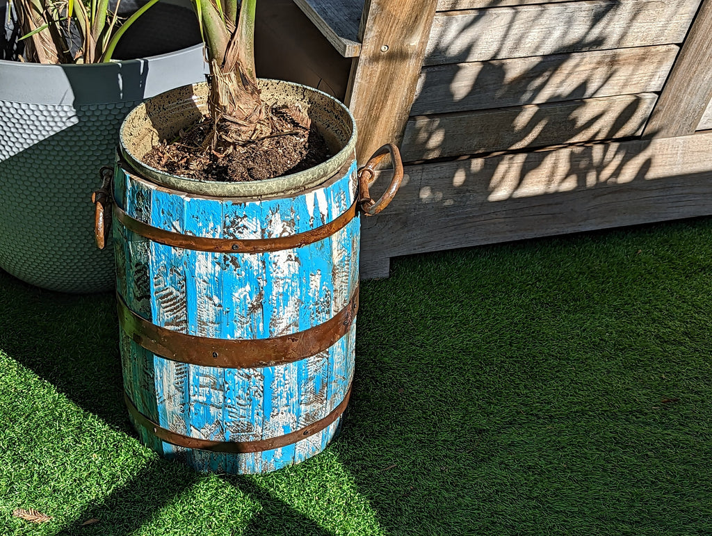 Pre-Order l Rustic Barrel Planter, Handmade in Mexico, Wooden Outdoor Garden Decor, Porch Decor, Yard Art, 12.75" Diameter, 20lbs, Whiskey Barrel Style