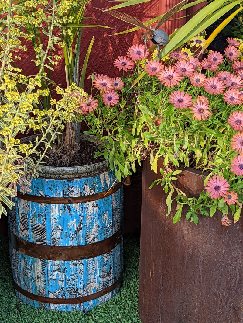 Rustic Barrel Planter, Handmade in Mexico, Wooden Outdoor Garden Decor, Porch Decor, Yard Art, 12.75" Diameter, 20lbs, Whiskey Barrel Style