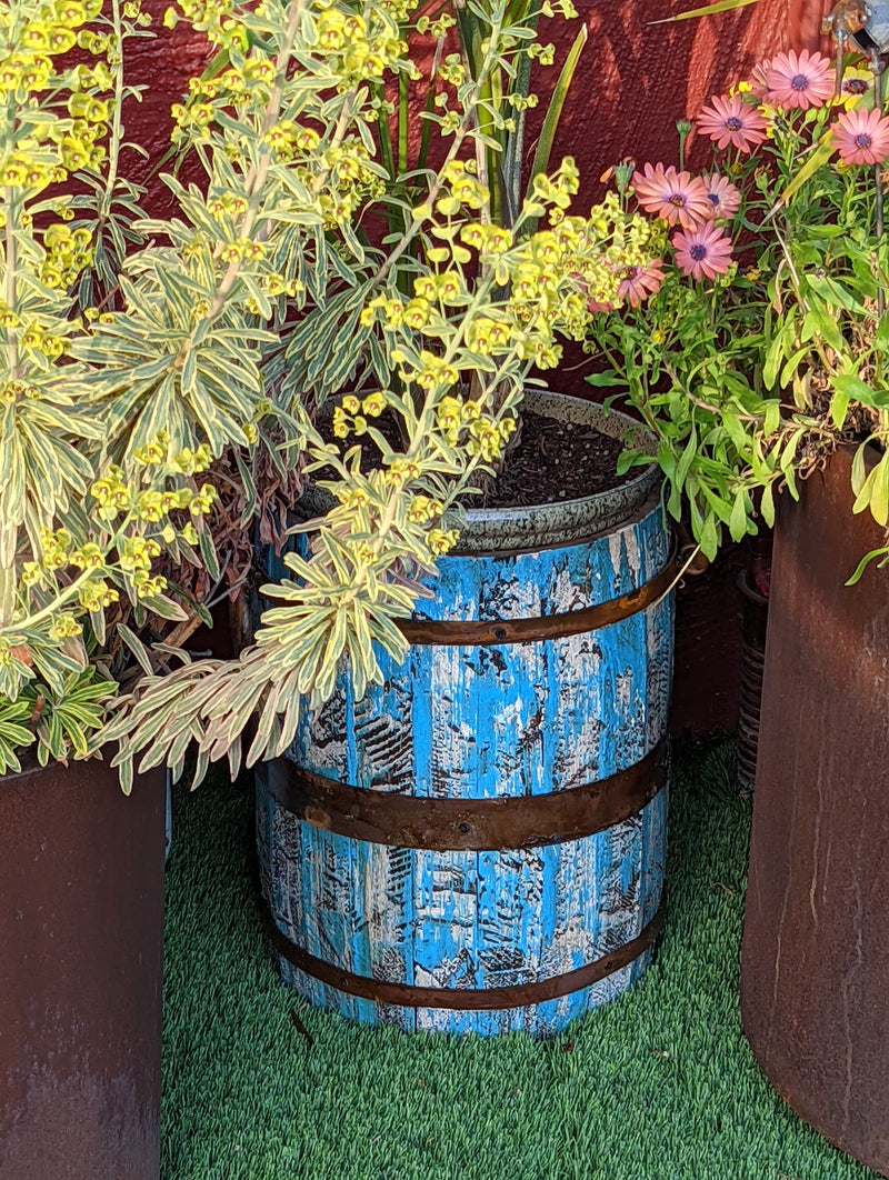 Rustic Barrel Planter, Handmade in Mexico, Wooden Outdoor Garden Decor, Porch Decor, Yard Art, 12.75" Diameter, 20lbs, Whiskey Barrel Style