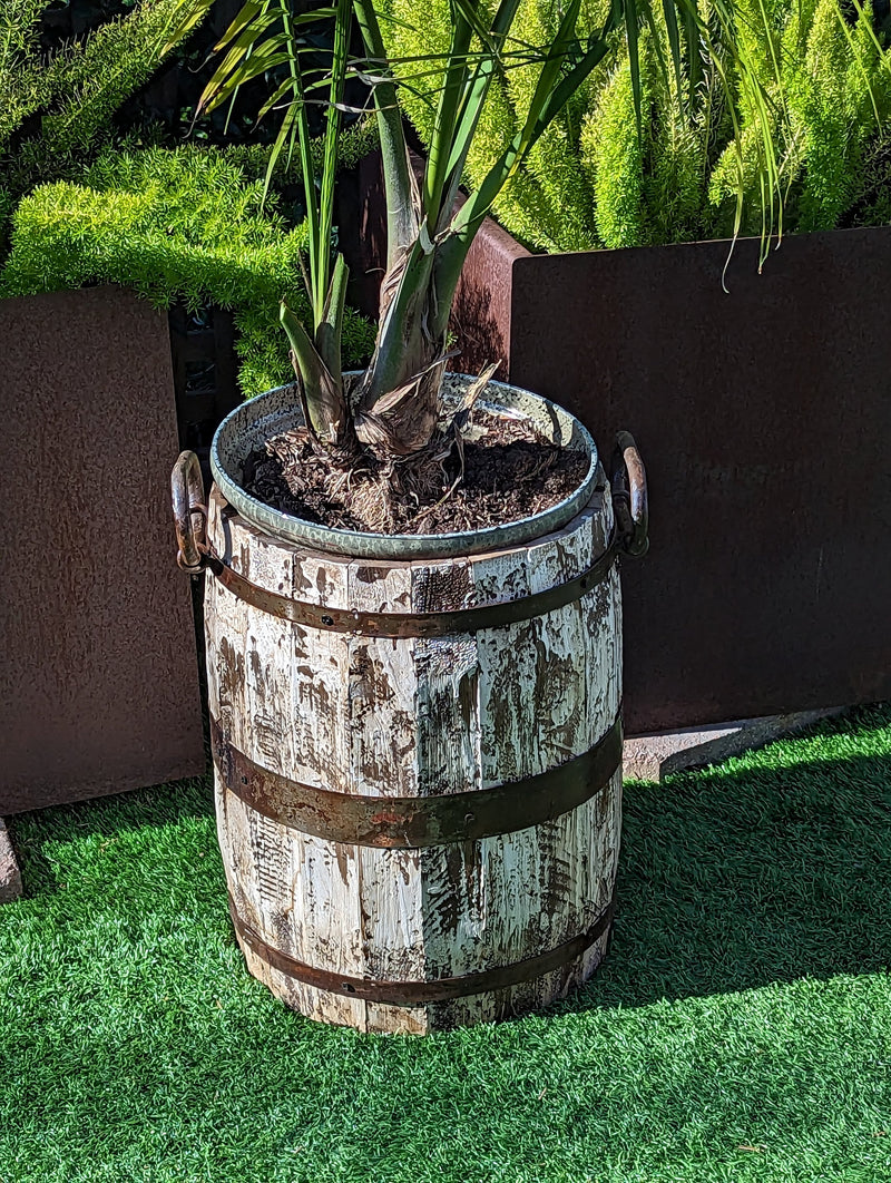 Rustic Barrel Planter, Handmade in Mexico, Wooden Outdoor Garden Decor, Porch Decor, Yard Art, 12.75" Diameter, 20lbs, Whiskey Barrel Style