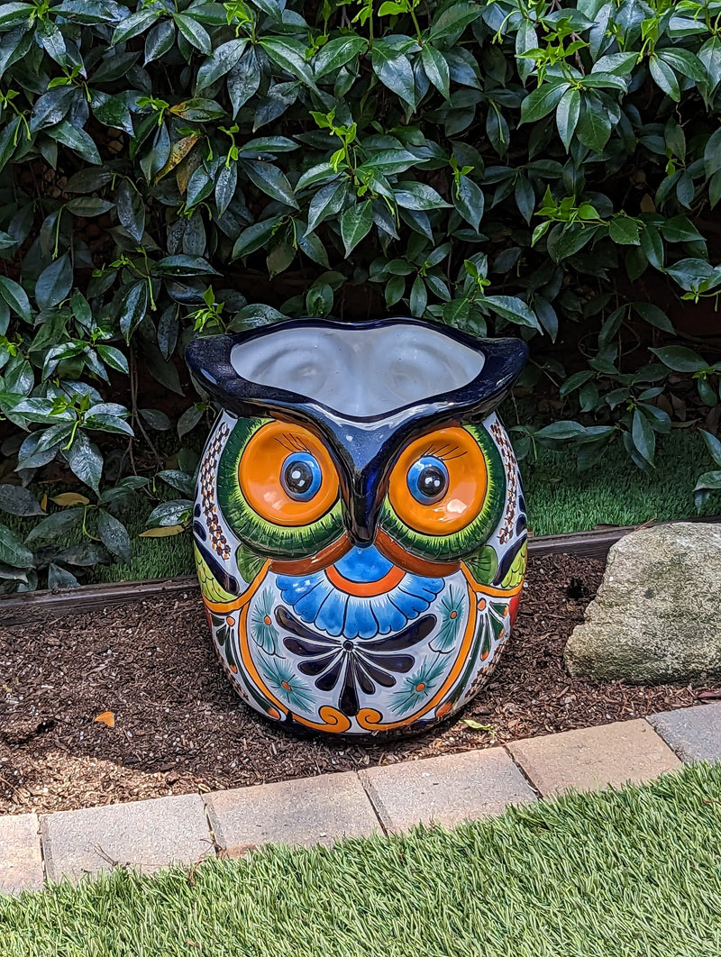 Gorgeous 14" Owl Flower Pot, Talavera Ceramic Planter, Handmade Pottery, Outdoor Garden Decor, Indoor Home Decor, Unique Gift for Birders