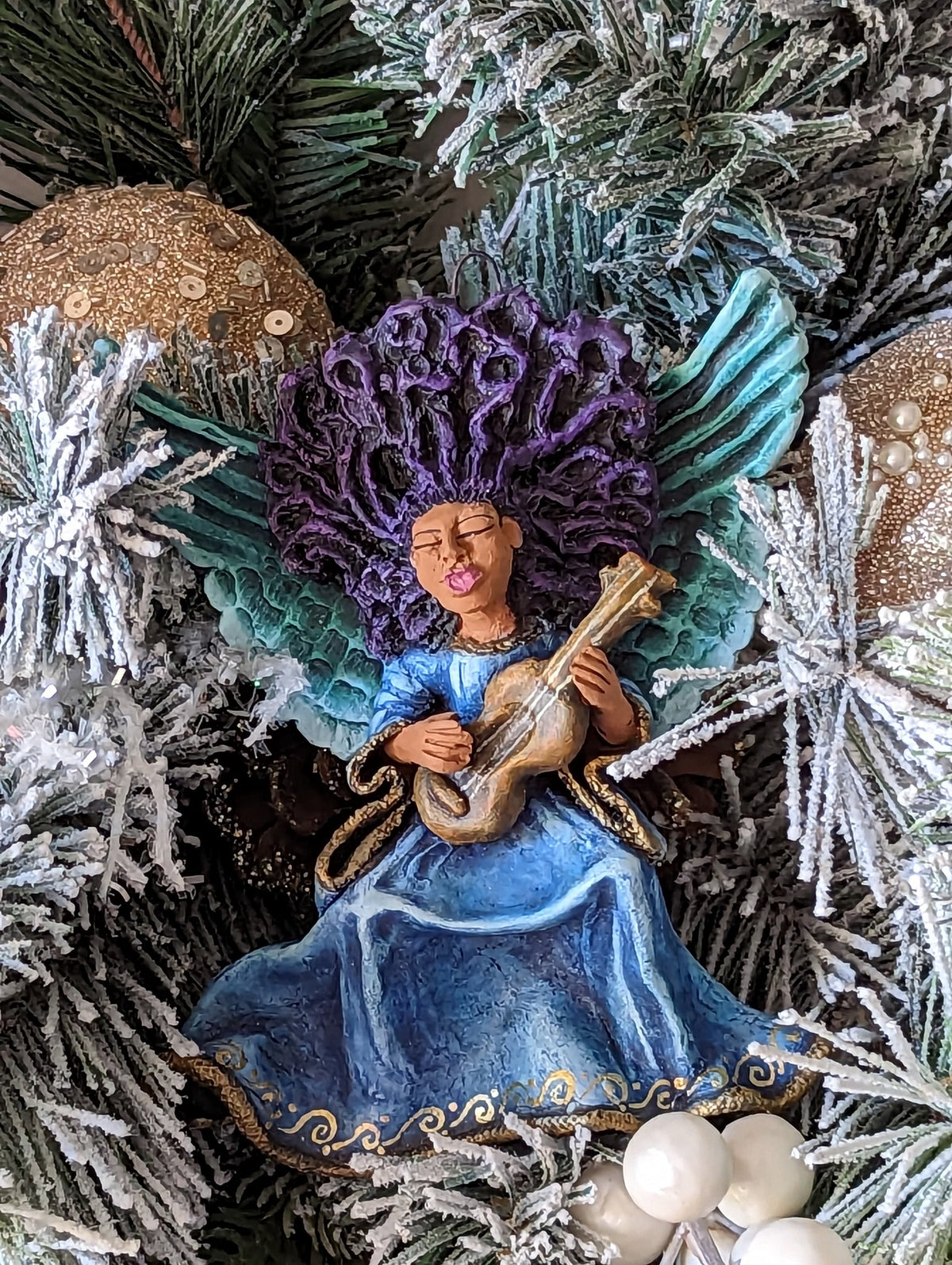Christmas Ornament - Angel with Guitar, Handmade in Oaxaca Mexico, Angel Musician Christmas Decor, Angel Wings, Mexican Art