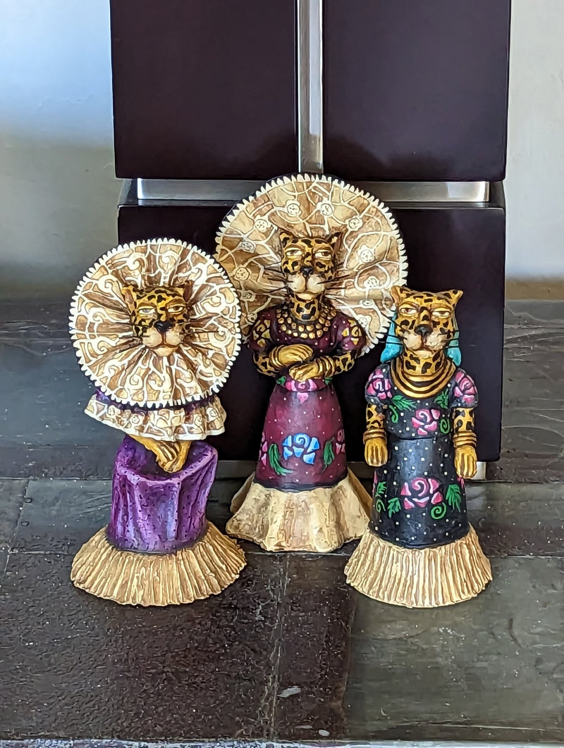 Jaguar Family Home Decor, Mexican Art, 3 Statues of Animal Art, Clay Pottery Originals by Jose Juan Aguilar of Oaxaca, Mexico