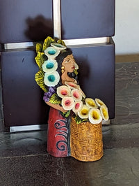 Oaxacan Woman Flower Vendor, Mexican Folk Art from Oaxaca, Clay Figurine, Handmade by Juan Jose Aguilar, Collectible Women Statuette