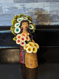 Oaxacan Woman Flower Vendor, Mexican Folk Art from Oaxaca, Clay Figurine, Handmade by Juan Jose Aguilar, Collectible Women Statuette