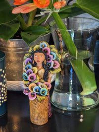 Oaxacan Woman Flower Vendor, Mexican Folk Art from Oaxaca, Clay Figurine, Handmade by Juan Jose Aguilar, Collectible Women Statuette