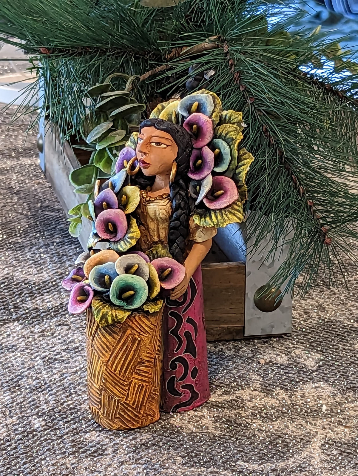 Oaxacan Woman Flower Vendor, Mexican Folk Art from Oaxaca, Clay Figurine, Handmade by Juan Jose Aguilar, Collectible Women Statuette