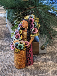 Oaxacan Woman Flower Vendor, Mexican Folk Art from Oaxaca, Clay Figurine, Handmade by Juan Jose Aguilar, Collectible Women Statuette