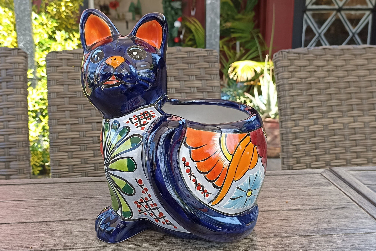 Talavera Cat Flower Pot, Ceramic Planter Home Decor, Indoor Outdoor Planter Pot, Mexican Pottery Yard & Garden Decor, Handmade