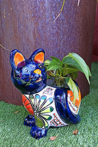 Talavera Cat Flower Pot, Ceramic Planter Home Decor, Indoor Outdoor Planter Pot, Mexican Pottery Yard & Garden Decor, Handmade