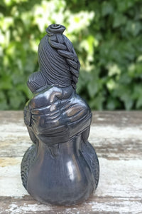 Pregnant Mom with Braided Hair Home Decor, Stunning Barro Negro Black Clay Handmade Mexican Pottery from San Bartolo near Oaxaca, Mexico