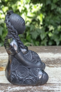 Pregnant Mom with Braided Hair Home Decor, Stunning Barro Negro Black Clay Handmade Mexican Pottery from San Bartolo near Oaxaca, Mexico