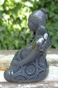 Pregnant Mom with Braided Hair Home Decor, Stunning Barro Negro Black Clay Handmade Mexican Pottery from San Bartolo near Oaxaca, Mexico