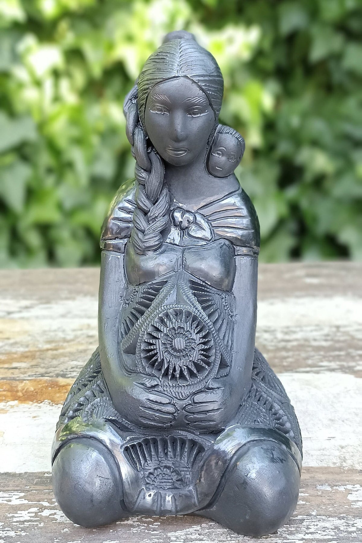 Pregnant Mom with Braided Hair Home Decor, Stunning Barro Negro Black Clay Handmade Mexican Pottery from San Bartolo near Oaxaca, Mexico