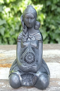 Pregnant Mom with Braided Hair Home Decor, Stunning Barro Negro Black Clay Handmade Mexican Pottery from San Bartolo near Oaxaca, Mexico