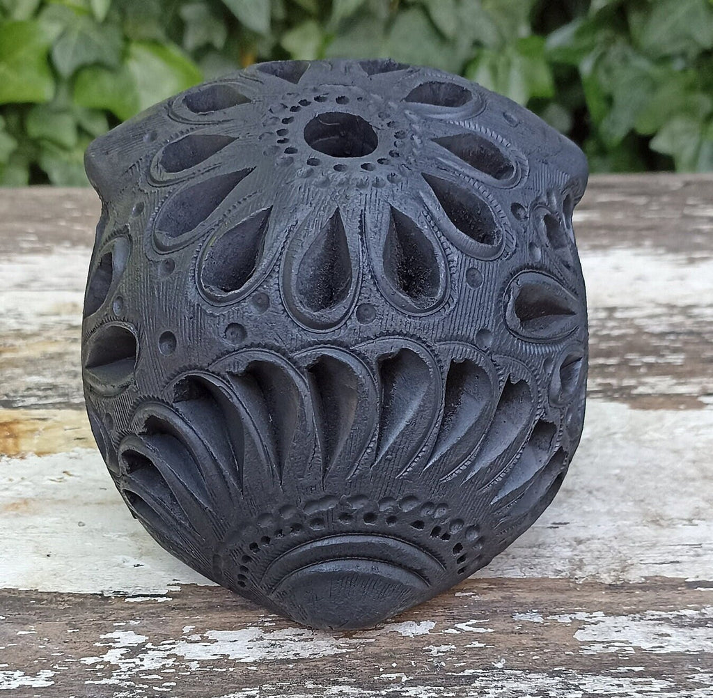 Owl Luminary Votive Candle Cover, Barro Negro, Black Clay, Handmade Mexican Pottery from San Bartolo near Oaxaca, Mexico