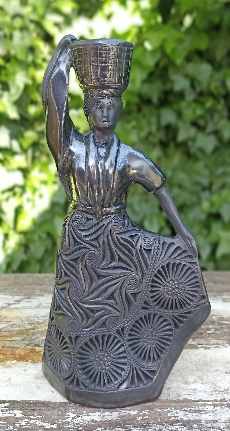 Lady Carrying a Basket Home Decor, Stunning Barro Negro Black Clay Handmade Mexican Pottery from San Bartolo near Oaxaca, Mexico