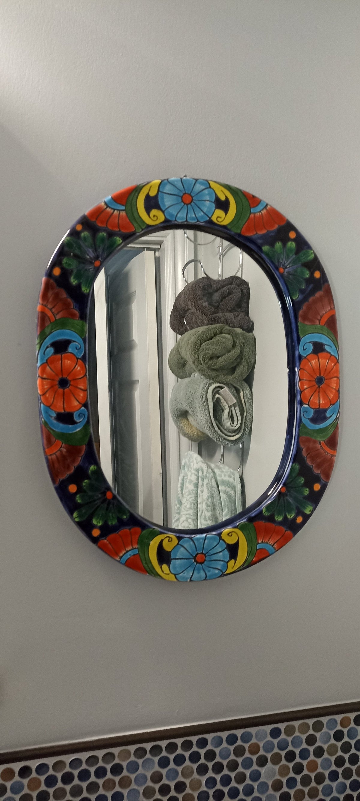 Bathroom Mirror, Talavera Wall Decor, Vanity Mirror, Oval Decorative Mirror, Ceramic Mirror Can Hang Vertically or Horizontally