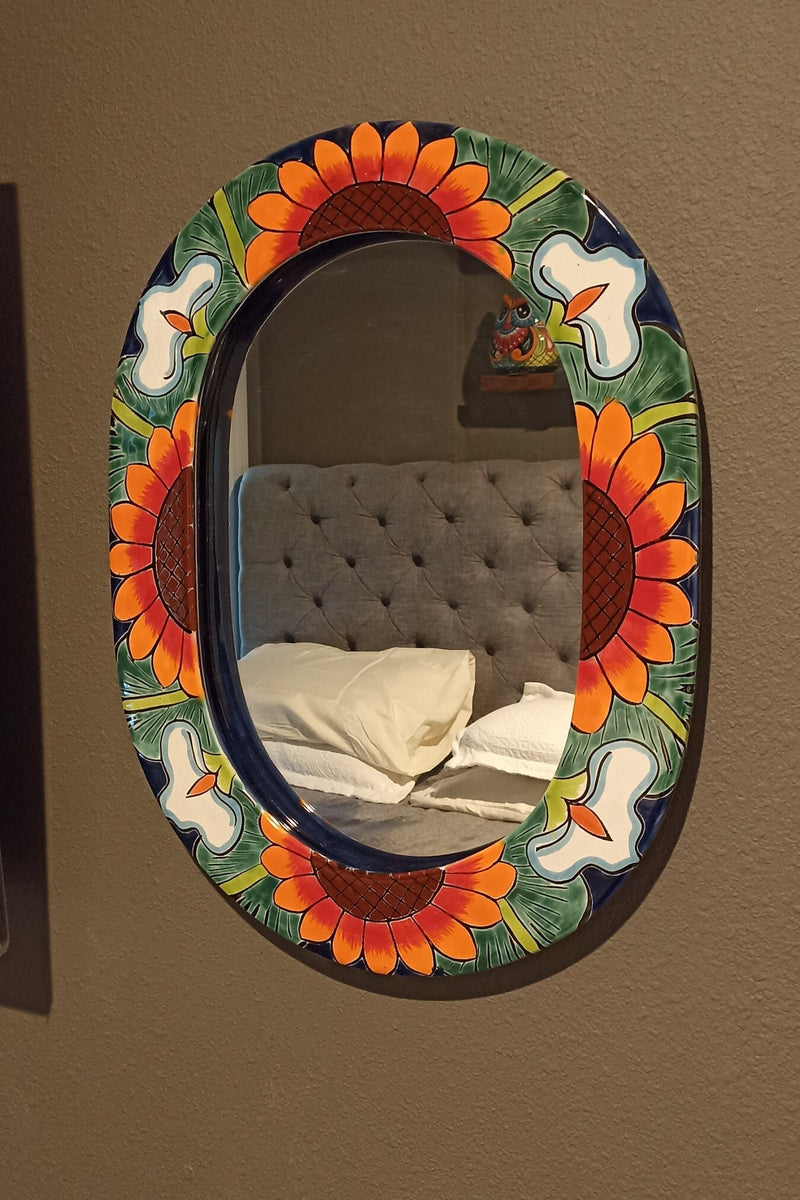 Bathroom Mirror, Talavera Wall Decor, Sunflower Vanity Mirror, Oval Decorative Mirror, Ceramic Mirror Can Hang Vertically or Horizontally