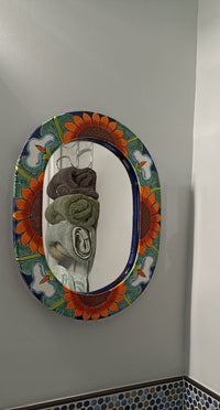 Bathroom Mirror, Talavera Wall Decor, Sunflower Vanity Mirror, Oval Decorative Mirror, Ceramic Mirror Can Hang Vertically or Horizontally