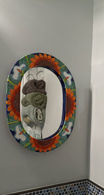 Bathroom Mirror, Talavera Wall Decor, Sunflower Vanity Mirror, Oval Decorative Mirror, Ceramic Mirror Can Hang Vertically or Horizontally