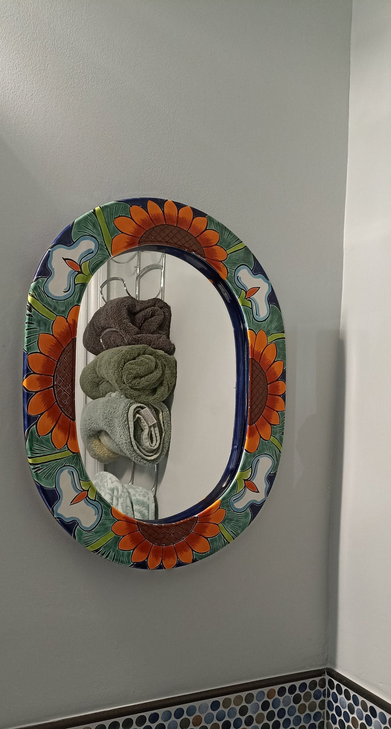 Bathroom Mirror, Talavera Wall Decor, Sunflower Vanity Mirror, Oval Decorative Mirror, Ceramic Mirror Can Hang Vertically or Horizontally