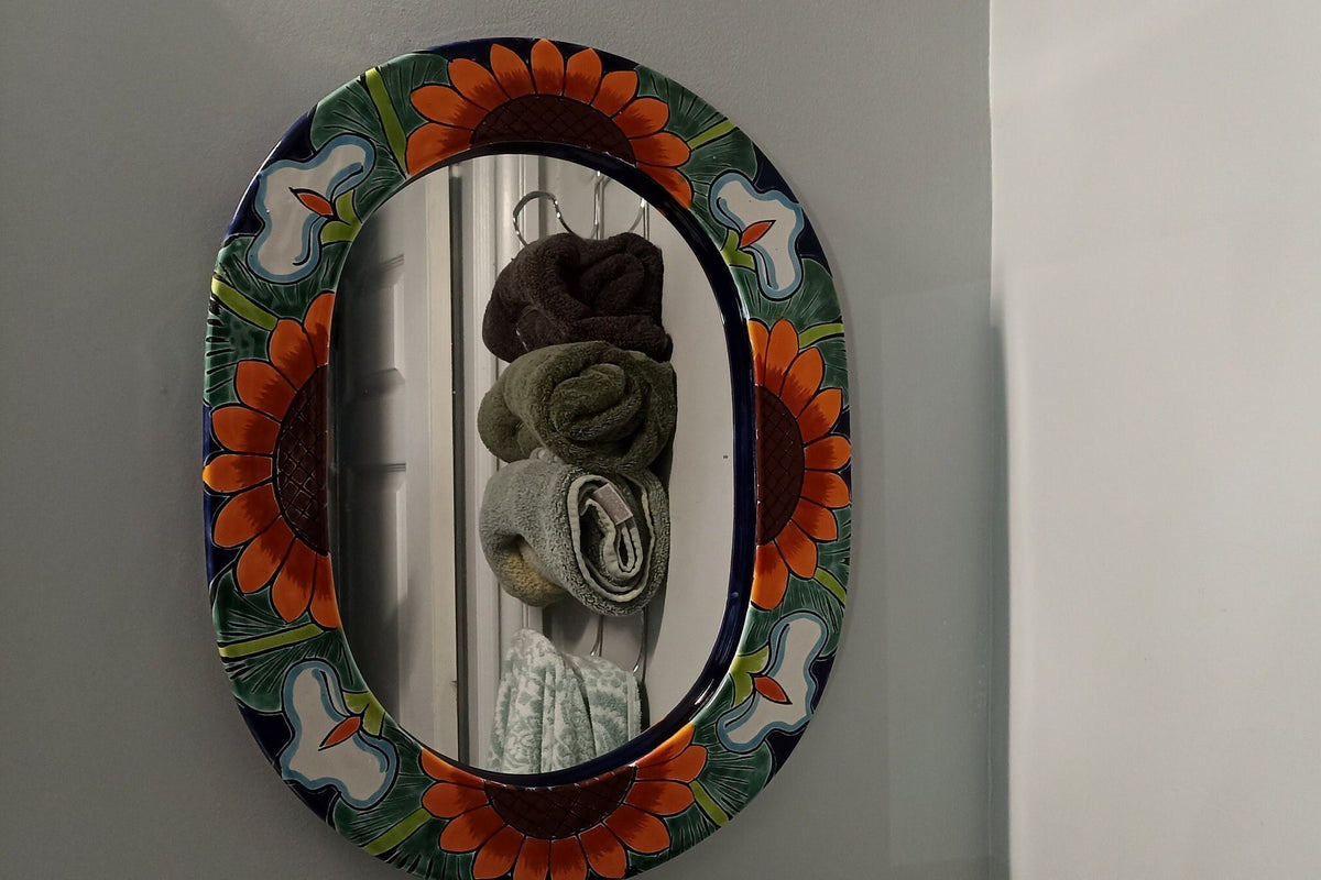 Bathroom Mirror, Talavera Wall Decor, Sunflower Vanity Mirror, Oval Decorative Mirror, Ceramic Mirror Can Hang Vertically or Horizontally