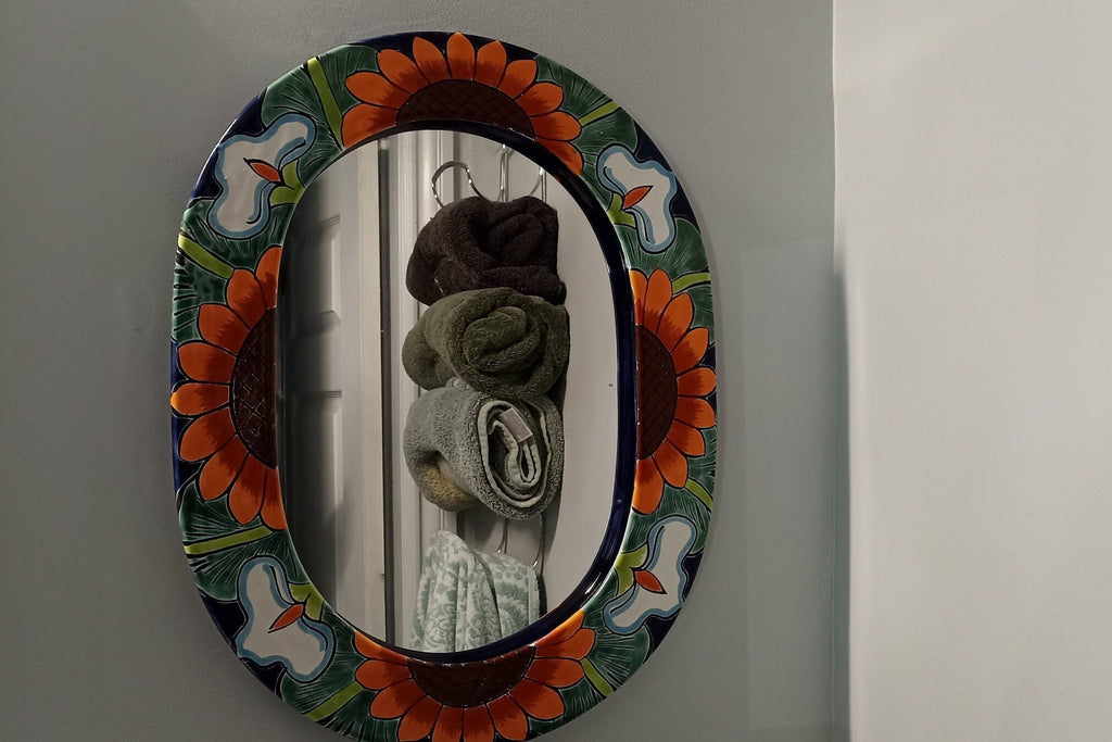 Bathroom Mirror, Talavera Wall Decor, Sunflower Vanity Mirror, Oval Decorative Mirror, Ceramic Mirror Can Hang Vertically or Horizontally