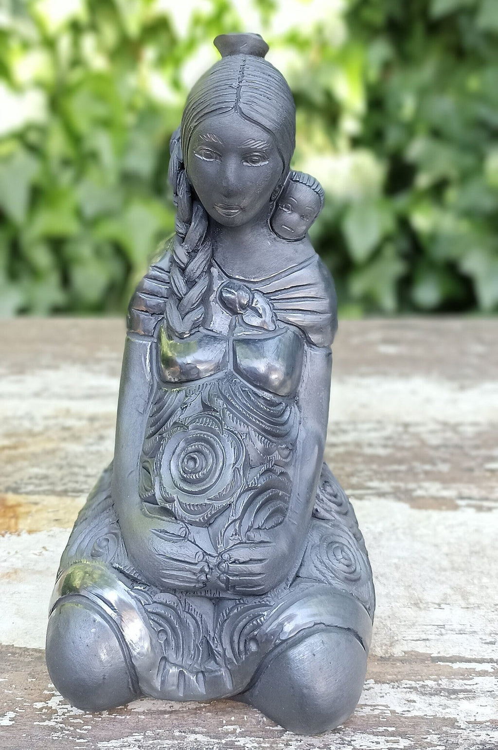 Pregnant Mom with Braided Hair Home Decor, Stunning Barro Negro Black Clay Handmade Mexican Pottery from San Bartolo near Oaxaca, Mexico