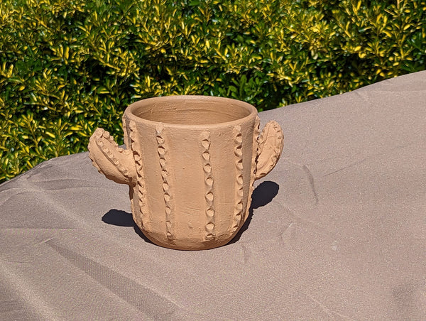 A brown ceramic cactus plant pot with a simplistic and rustic design, handmade Mexican pottery, displayed outdoors.