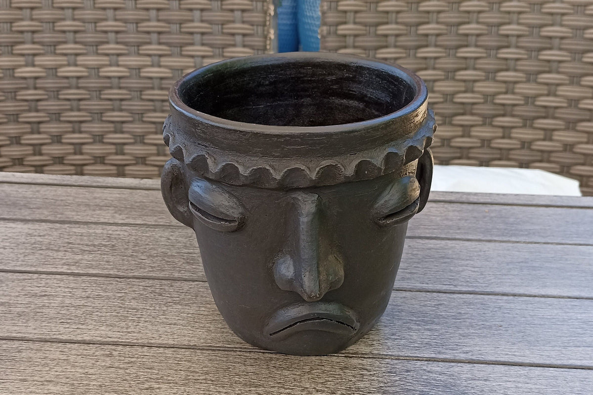 Sad Face Planter, Clay Flower Pot, Handmade Mexican Pottery from Atzompa, Mexico, Home Decor, Indoor or Outdoor Decor, Barro Negro Plant Pot