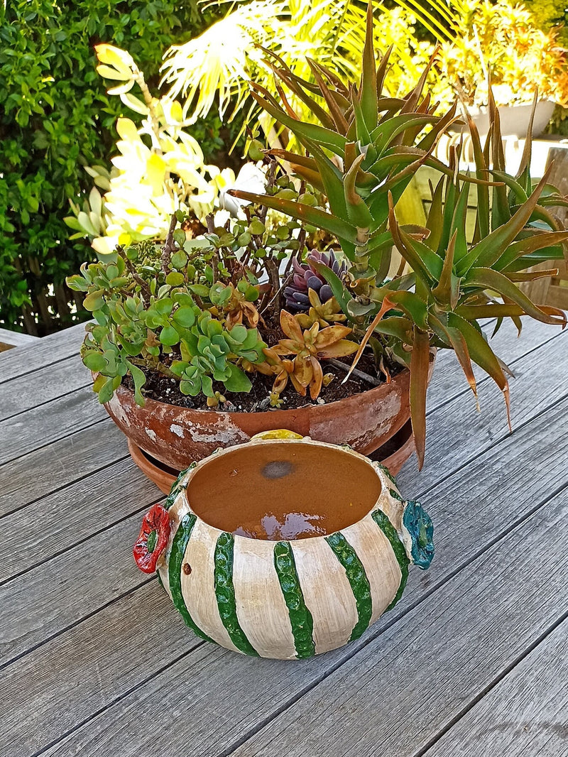 Cactus Flower Pot, Handmade Mexican Pottery from Atzompa, Mexico, Indoor Outdoor Home Decor, Charming Plant Pot w 3  Holes for Hanging