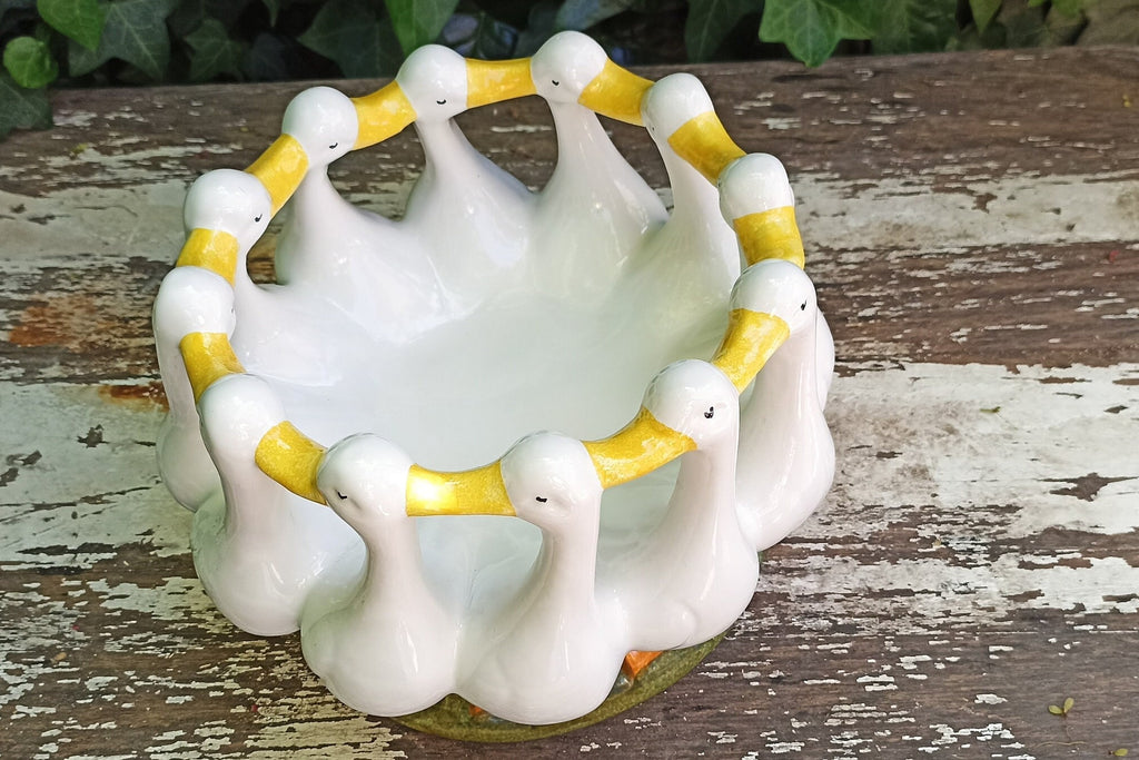 Vintage Circle of 12 Geese, Bellini Centerpiece, Italian 19th Century Ceramic Home Decor, Fruit Basket