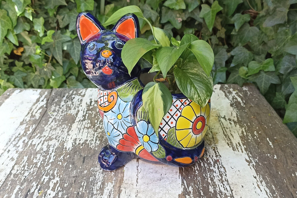 Talavera Cat Flower Pot, Ceramic Planter Home Decor, Indoor Outdoor Planter Pot, Mexican Pottery Yard & Garden Decor, Handmade