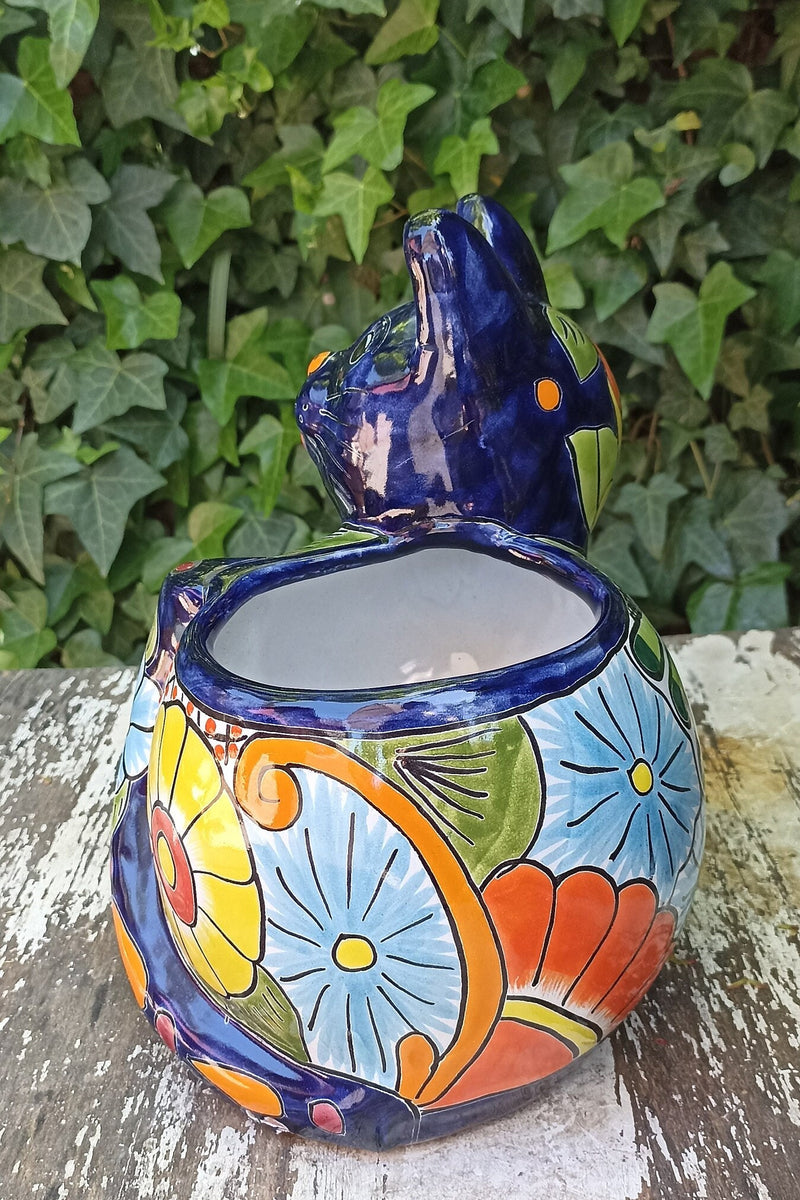 Talavera Cat Flower Pot, Ceramic Planter Home Decor, Indoor Outdoor Planter Pot, Mexican Pottery Yard & Garden Decor, Handmade