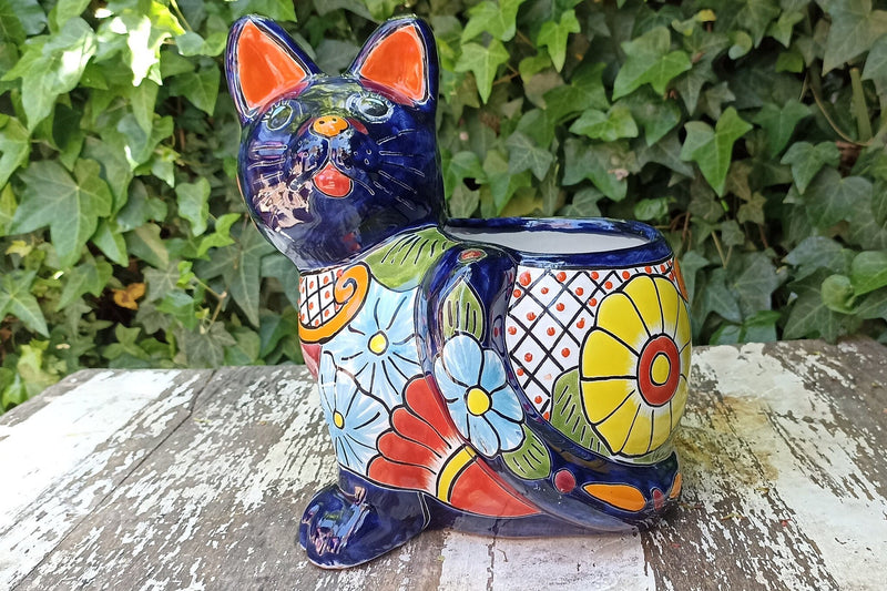 Talavera Cat Flower Pot, Ceramic Planter Home Decor, Indoor Outdoor Planter Pot, Mexican Pottery Yard & Garden Decor, Handmade