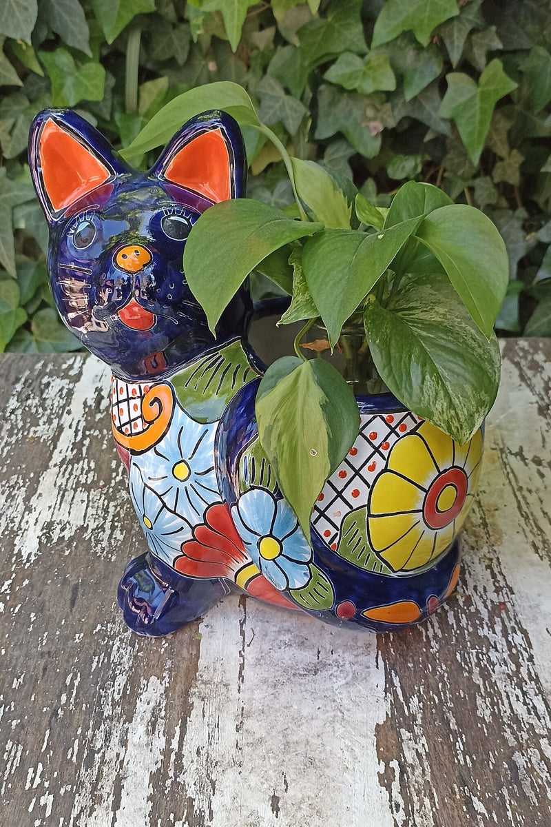 Talavera Cat Flower Pot, Ceramic Planter Home Decor, Indoor Outdoor Planter Pot, Mexican Pottery Yard & Garden Decor, Handmade